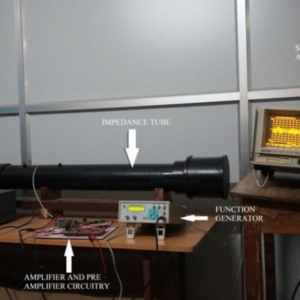 Acoustic Absorption Impedance tube setup used for measuring normal-incidence acoustic absorption characteristics of materials across frequency bands.