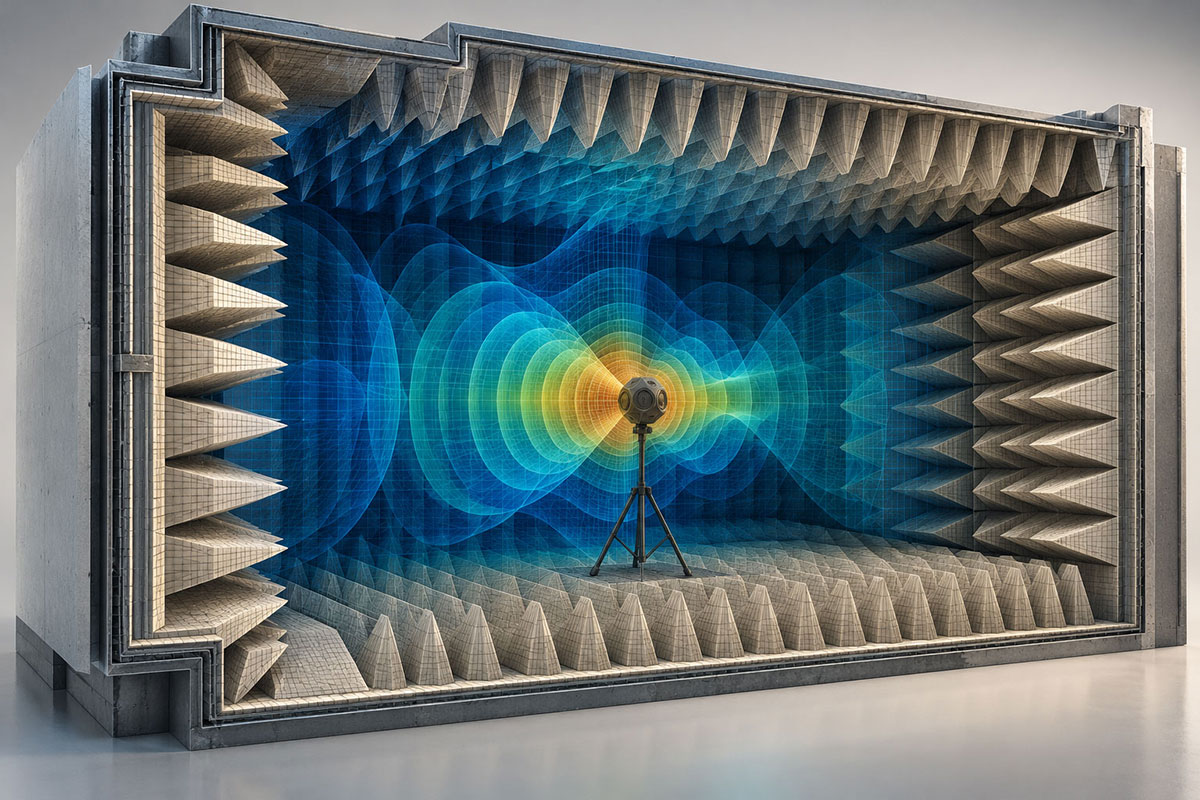Cutaway illustration of a full anechoic chamber with acoustic wedges on the walls, ceiling and floor, and stylized sound waves around a central device.