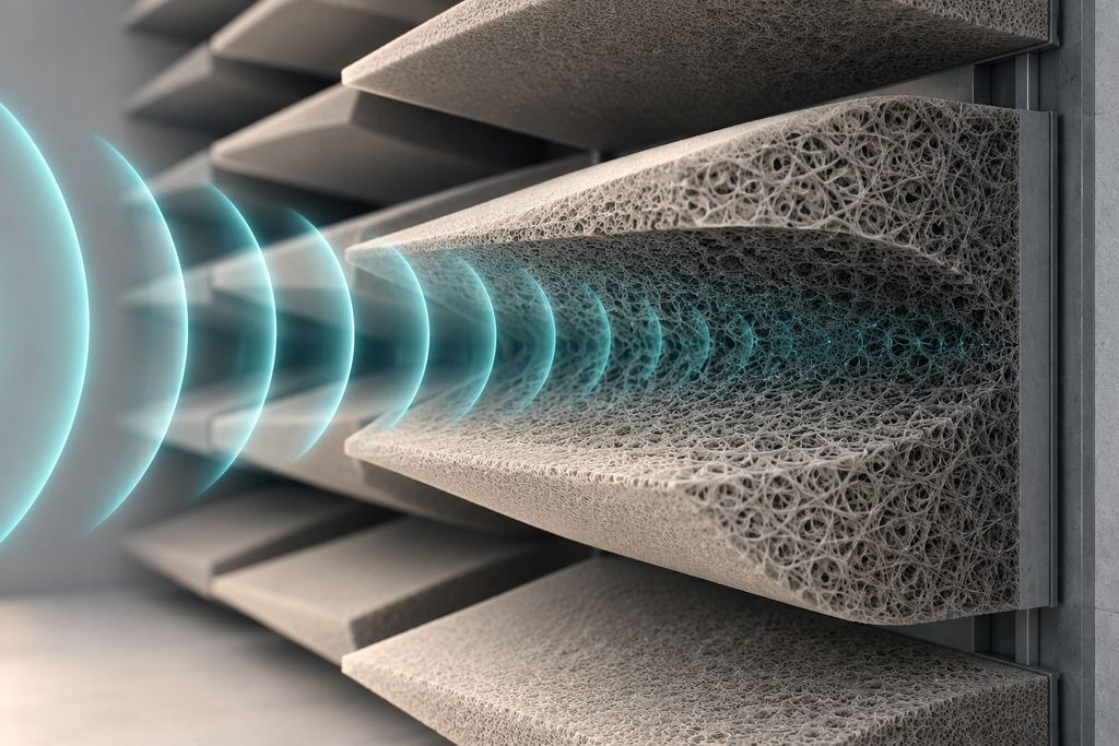 Close-up illustration of porous acoustic absorber wedges with blue sound-wave graphics approaching and entering the material.