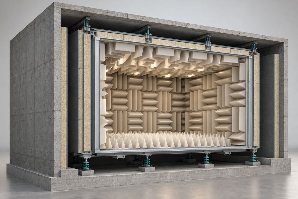 Cutaway illustration of an anechoic chamber inside a concrete enclosure, with acoustic wedge lining and spring-type vibration isolators supporting the inner structure.