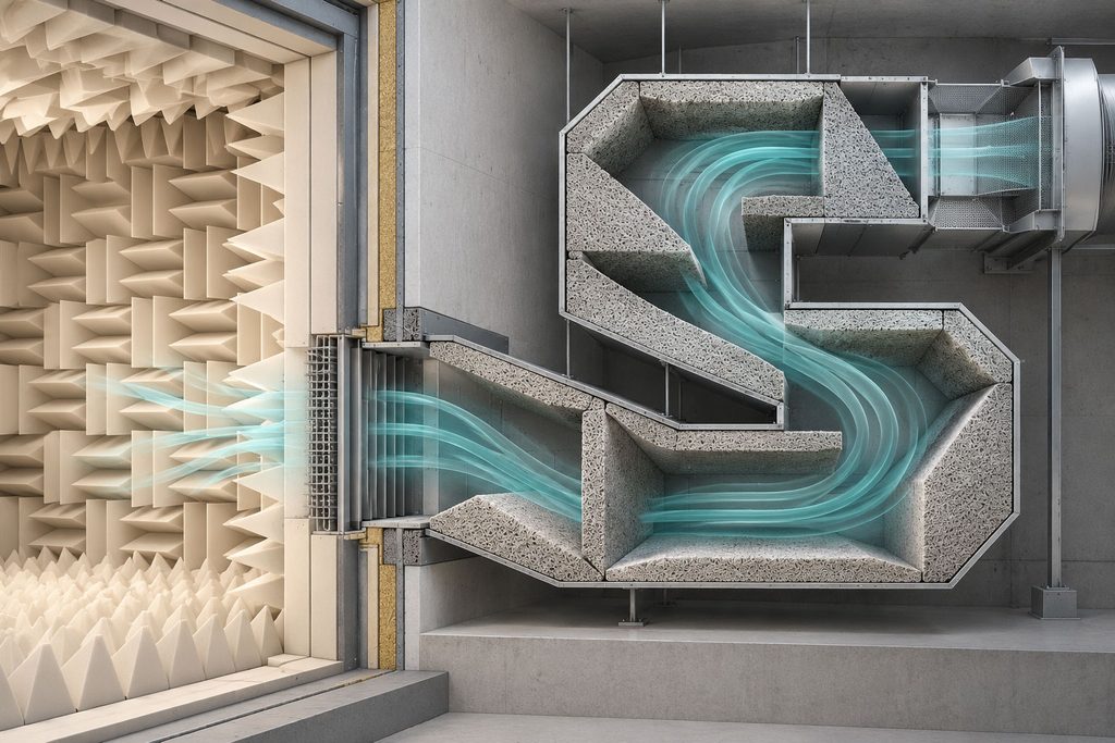 Cutaway illustration of an anechoic chamber ventilation system with internal acoustic baffles, sound-absorbing duct lining and stylized airflow paths.